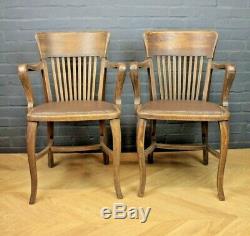 Pair of Art Deco 1930's Oak & Leather Office Armchairs Elbow Captains Chairs