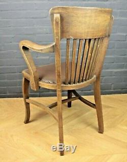 Pair of Art Deco 1930's Oak & Leather Office Armchairs Elbow Captains Chairs