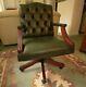 Real Leather Office Chair Green Chesterfield Design With Mahogany Swivel Base