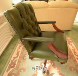 Real Leather Office Chair Green Chesterfield Design With Mahogany Swivel Base