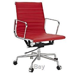 Real Red Leather Charles Eames Era Ribbed Office Chair Low Back