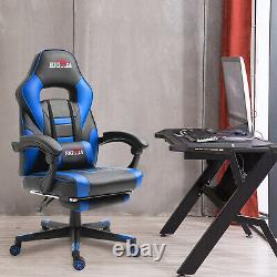 Reclining Leather Sports Racing Office Desk Chair Gaming Blue With Footrest Uk