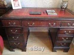 Red Leather Top Desk Office With Chair And Bookcase