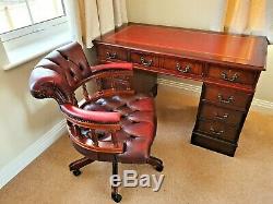Red Leather Top Mahogany Pedestal Office / Study Desk And Red Captains Chair