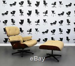 Refurbished Vitra Charles Eames Lounge Chair and Ottoman Beige Leather Pl
