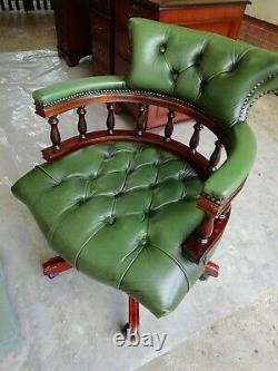 Reproduction Antique Chesterfield Green Leather Captains Swivel Office Chair