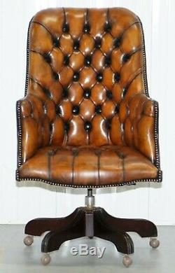 Restored 1960's Chesterfield High Back Brown Leather Directors Captains Chair A1