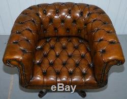 Restored Pair Victorian Brown Leather Chesterfield Office Club Chairs Armchair