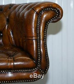 Restored Pair Victorian Brown Leather Chesterfield Office Club Chairs Armchair