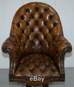 Restored Victorian Chesterfield Barrel Brown Leather Directors Captains Chair