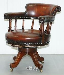 Restored Walnut Hand Dyed Cigar Brown Leather Victorian Captains Office Chair