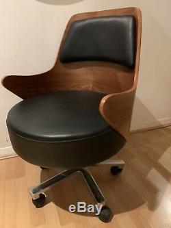 Retro 80s Office Desk Chair Armchair Black Leather/Wood/Chrome