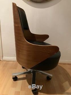 Retro 80s Office Desk Chair Armchair Black Leather/Wood/Chrome