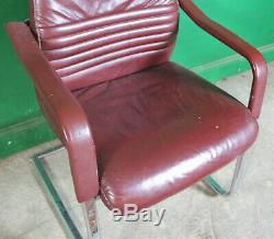 Retro Chrome Desk Chair, Dark Red Leather, Office, Study, Cantilever, Vintage