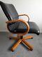 Retro Haworth Comforto Swivel Office Desk Chair Black Leather & Wood Vintage