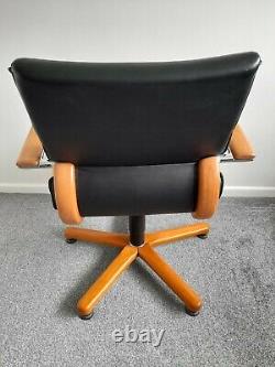 Retro Haworth Comforto Swivel Office Desk Chair Black Leather & wood Vintage