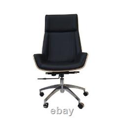 Retro Nordic High Back Desk Office Swivel Chair Boss Kruze Walnut Black Leather