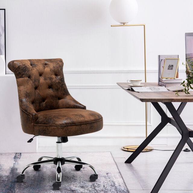 Retro Tufted Armless Swivel Office Chair Accent Brown Leather Desk Vanity Chair