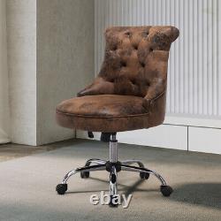Retro Tufted Armless Swivel Office Chair Accent Brown Leather Desk Vanity Chair