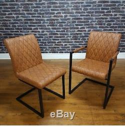 Retro Vintage Tan Leather Metal Frame Cantilever Dining Carver Side Chair