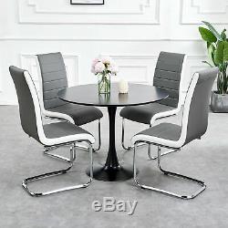 Round Dining Table and 4 Grey Chairs Set Faux Leather Seat Kitchen Living Office