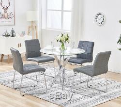 Round Glass Dining Table Set & 2/4 Faux Leather Chairs Kitchen Office Furniture