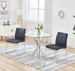 Round Glass Dining Table Set 2/4 Seats Leather Chrome Cross Legs Kitchen Office