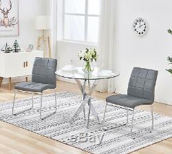 Round Glass Dining Table Set 2/4 Seats Leather Chrome Cross Legs Kitchen Office