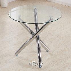 Round Glass Table and 4 Grey Chairs Modern Chrome Leather Office Dining Room Set
