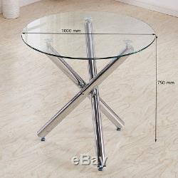 Round Glass Table and 4 Grey Chairs Modern Chrome Leather Office Dining Room Set