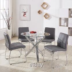 Round Glass Table and Set 4 Dining Chairs Faux Leather Seat Padded Office Furnit