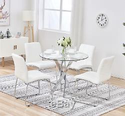 Round Glass Table and Set 4 Dining Chairs Faux Leather Seat Padded Office Furnit
