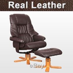 SORENTO REAL LEATHER BROWN SWIVEL RECLINER CHAIR w FOOT STOOL ARMCHAIR OFFICE