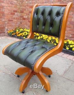 Superb Buttoned Green Leather Chesterfield Type Office Swivel Chair