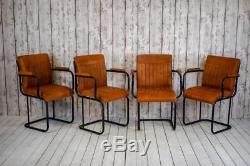 Set of 4 Vintage Style Leather Retro Industrial Cafe Bar Office Arm Chairs