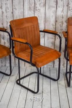 Set of 4 Vintage Style Leather Retro Industrial Cafe Bar Office Arm Chairs