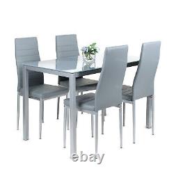 Set of 5 Dining Table+4 Grey Chairs Glass Table& PU Chair Home Office Furniture