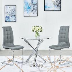 Small Round Glass Dining Table Set and 2 Chairs Faux Leather Kitchen Office Home
