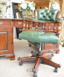 Solid Mahogany Green Leather Georgian Captains Swivel Period Office Chair Desk