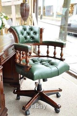 Solid Mahogany Green Leather Georgian Captains Swivel Period Office Chair Desk