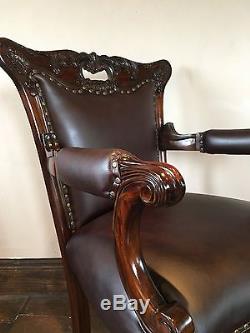 Solid Mahogany Quality Brown Leather Arm Chairs Office Chair Bronzed Casters