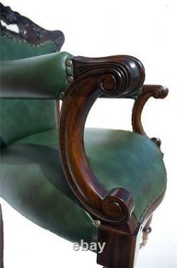 Solid Mahogany Quality Leather Green Office Period Arm Chair Bronzed Casters