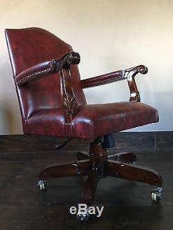 Solid Mahogany Red Leather Recline Swivel Arm Chairs Office Chair Chrome Casters