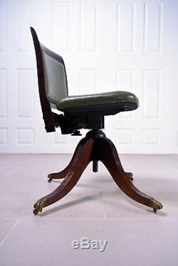 Stunning Antique Green Studded Leather Office Oak Swivel Chair Captains Desk