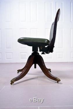 Stunning Antique Green Studded Leather Office Oak Swivel Chair Captains Desk