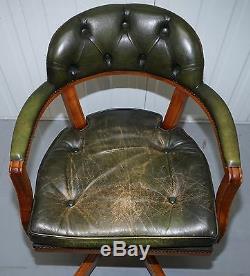Stunning Cushioned Chesterfield Admirals Court Captains Aged Green Leather Chair