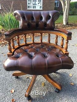 Superb Brown Leather Swivel Chesterfield Captain Office Chair