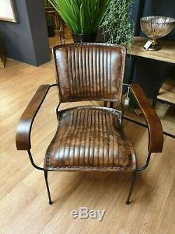 Tan Antique Brown Leather Ribbed Lounge Kitchen Office Club Chair (h20378)