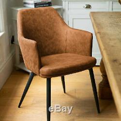 Tan Brown Leather Carver Dining Kitchen Office Chair Metal Legs (h20043)