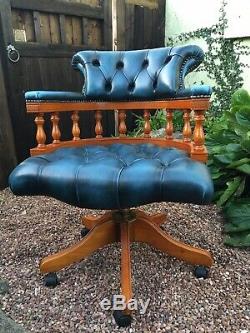 Traditional Aged Blue Leather & Yew Chesterfield Captains Chair Office Desk
